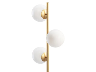 Modern brass metal floor lamp with three rounded frosted glass shades. 3d render