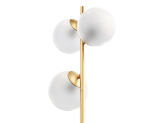 Modern brass metal floor lamp with three rounded frosted glass shades. 3d render