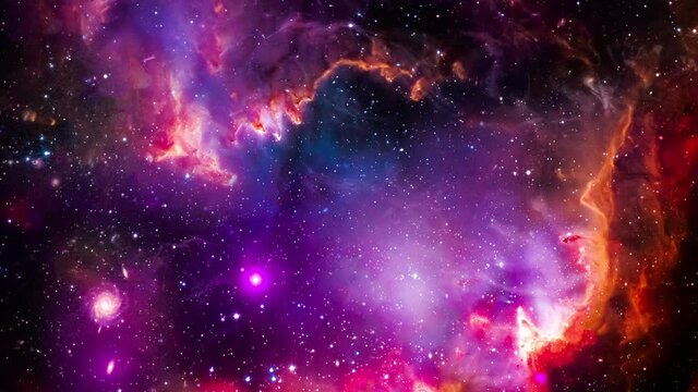 The Small Magellanic Cloud Galaxy exploration on deep space. 4K Flight Into The Small Magellanic Cloud Galaxy or Nubecula Minor. Elements furnished by NASA image. 3D animation deep space traveling.