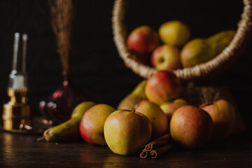 Autumn still life food photography with apples and pears