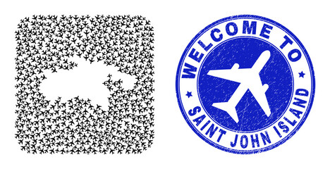 Vector mosaic Saint John Island map of air vehicle items and grunge Welcome seal. Mosaic geographic Saint John Island map created as subtraction from rounded square with airliners.