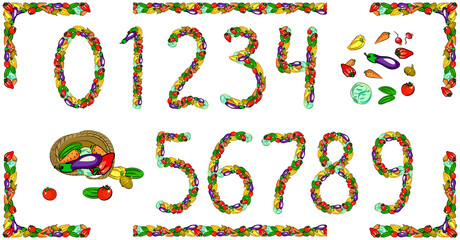 Set of vector digits, made of colorful vegetables. Design elements, frames, basket of vegetables.