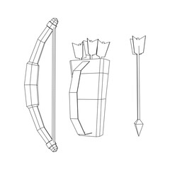 Medieval Bow and arrow archer weapon. Wireframe low poly mesh vector illustration.