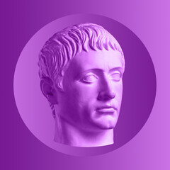 Obraz premium Collage with plaster antique sculpture of human face in a pop art style. Modern creative concept image with ancient statue head. Zine culture. Contemporary art poster. Funky minimalism. Retro design.