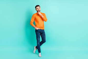 Full size photo of young positive dreamy thoughtful man look copyspace thinking isolated on...