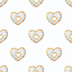 Donuts with white frosting. A pattern with a watercolor illustration of a heart-shaped cookie. Seamless pattern on a white background. Print for fabric, textiles, stationery, paper and any design