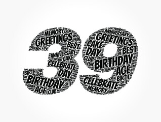 Happy 39th birthday word cloud, holiday concept background