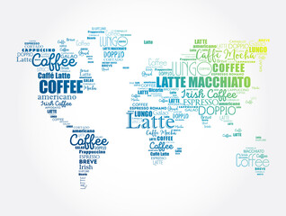 Fototapeta na wymiar Coffee drinks word cloud in shape of World Map, concept background