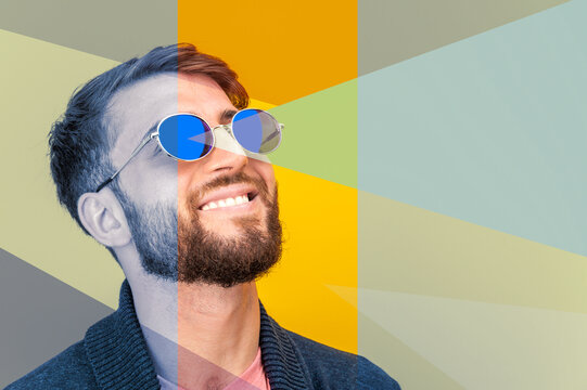 Art collage with close up portrait of funky young bearded hipster man in sunglasses smiling confident on a pastel multicolors textured background. Pop art style. Zine culture. Creative concept image.