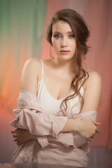 Portrait of beautiful angelic look young woman in studio