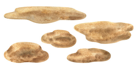 Brown sand. Watercolour illustrations of sand surfaces for creating decorative compositions. A set of pieces of earth for the design. Image isolated on a white background.