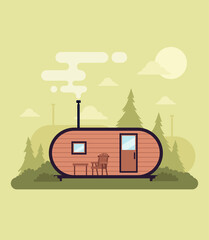 Postcard with a summer house in the forest. Smoke from the chimney, deer, spruce. Weekend in the country. Vacation home. Insulation. Summer poster