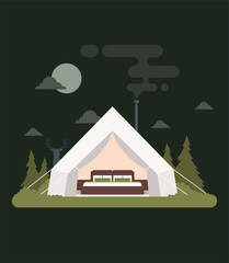 Vector stock glamping concept of comfortable outdoor recreation.  Comfortable camping with camping, camp, wilderness vacation.  Suitable for advertising glamping, country houses and outdoor recreation
