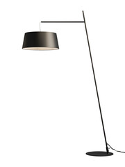 Modern floor lamp with black metal angular base, black polyester shade and foot-step switch. 3d render