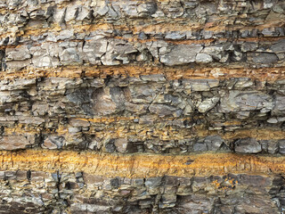 stone background of striped structure with cracks and original texture, rock in Lozhnaya Bay, Shikotan Island, 2020