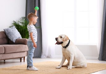 Kid playing ball with dog at home