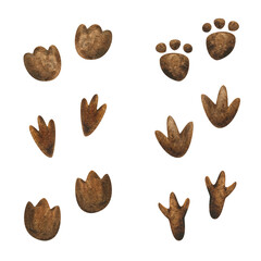 Animal footprints on the ground. A collection of dinosaur, monster, or animal footprints. Illustration in the children's style. Watercolor clip art isolated on a white background.