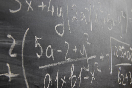 school board with formulas. scribbled in chalk chalkboard