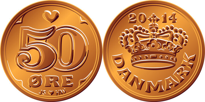 Obverse and reverse of Danish money tin-bronze 50 ore coin. Krone, official currency of Denmark, Greenland, and the Faroe Islands.