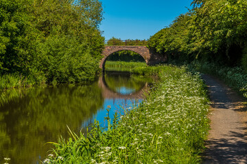 A towpath leading to a bridge and reflection on the Grand Union Canal near to Great Bowden in summertime