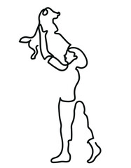 One line drawing of dog owner playing wiht her dog.
One continuous line drawing of pet lover concept.