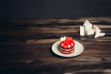 red round cake sweets meal dessert with tea wooden background