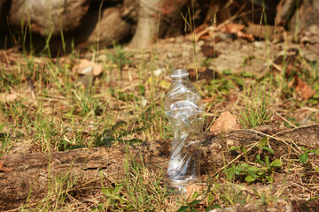 a plastic bottle lies on grass in nature like garbage
