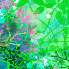 Obraz premium Abstract backdrop composition with tropical plants, lianas, leaves, flowers