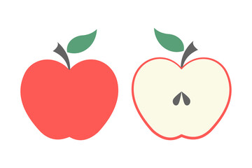 Red apple cut in half. Whole apple with leaf. Flat style illustration. Isolated.