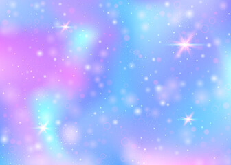 Fototapeta premium Magic background with rainbow mesh. Girlish universe banner in princess colors. Fantasy gradient backdrop with hologram. Holographic magic background with fairy sparkles, stars and blurs.