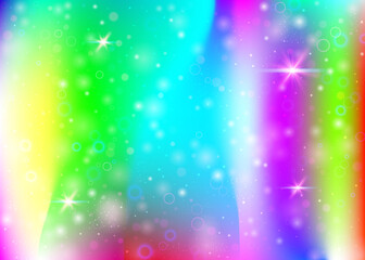 Unicorn background with rainbow mesh. Girlish universe banner in princess colors. Fantasy gradient backdrop with hologram. Holographic unicorn background with magic sparkles, stars and blurs.