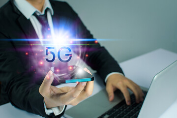 Businessman people are using innovative technology 5G. Mixed media, digital concepts and connecting the world.