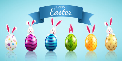 Obraz premium Easter card with bunnys and eggs. Set of eggs isolated on blue background.