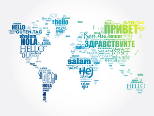 Fototapeta premium Hello in different languages word cloud World Map, business concept background
