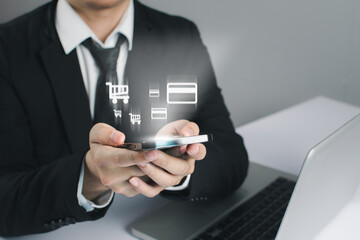 Business people hold smartphone and online shopping concept.