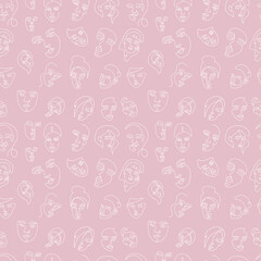 Spring pink seamless pattern. Outline silhouette of abstract female faces. Abstract face continuous line drawing. Fashion linear vector contemporary illustration. Minimalistic concept.