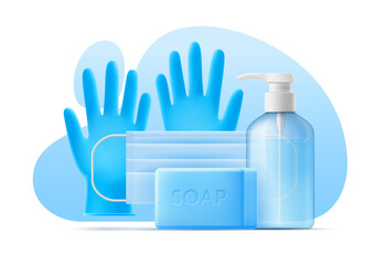 3D template disinfectant, personal care product. Vector illustration PPE, medical mask, sanitizer, antiseptic, gloves, soap on background of abstract shapes. Epidemic infectious disease prevention
