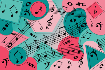 Memphis style illustration of black musical notes on a pink and green background