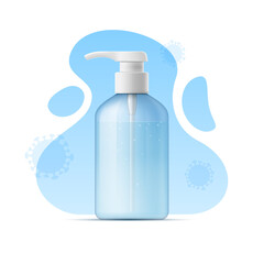 Disinfectant hand sanitizer, antibacterial alcohol gel bottle. Vector 3d illustration liquid soap dispenser on background of abstract shapes. Hand hygiene product. Prevention of pandemic, virus