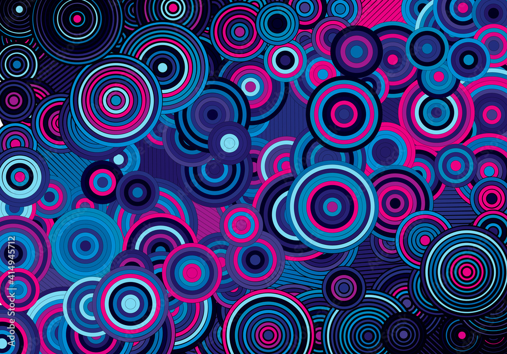 Poster Abstract psychedelic background with circles and lines of various widths in retro optical illusion style.