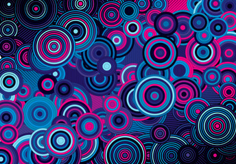 Abstract psychedelic background with circles and lines of various widths in retro optical illusion style.