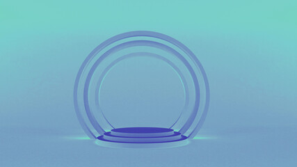 Demonstration stand. Round blue podium on a blue background. A pedestal for the winner. Banner for advertising. 3d render.