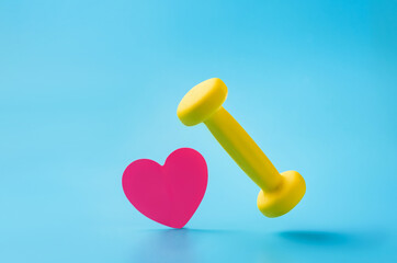 Dumbbell and heart-shaped leaf on blue background with copy space.