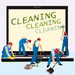 Five cleaners with big notebook dark screen