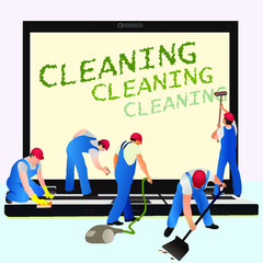 Five cleaners with big notebook dark screen