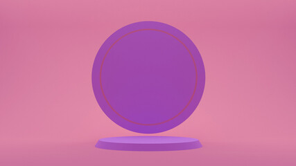 Demonstration stand. Round violet podium on a pink background. A pedestal for the winner. Banner for advertising. 3d render.