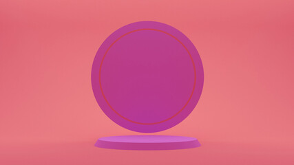 Demonstration stand. Round purple, pink podium on a pastel orange background. A pedestal for the winner. Banner for advertising. 3d render.