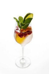 A drink, cocktail, lemonade with fresh raspberry fruits, isolated on white.