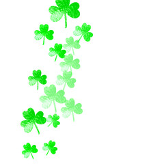 Clover background for Saint Patricks Day. Lucky trefoil confetti. Glitter frame of shamrock leaves. Template for poster, gift certificate, banner. Celtic clover background.