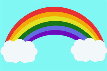 Rainbow Illustration on blue background with clouds in the sky